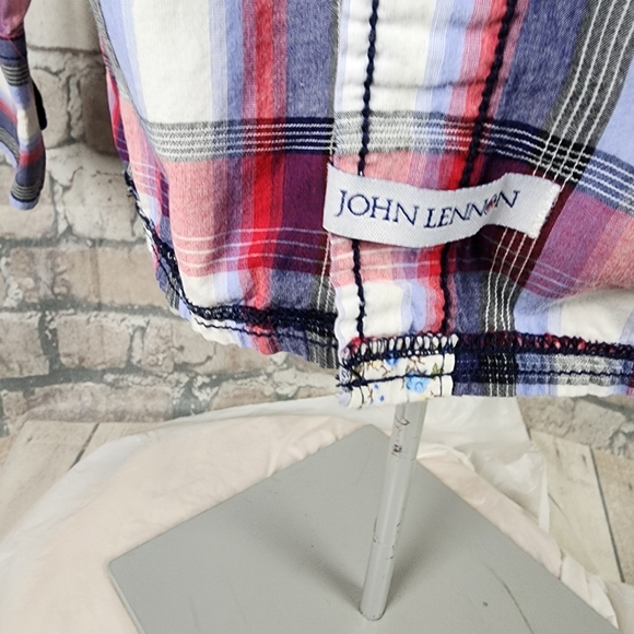 John Lennon for English Laundry Plaid Button Front Shirt Red Blue Size Large - Picture 5 of 14